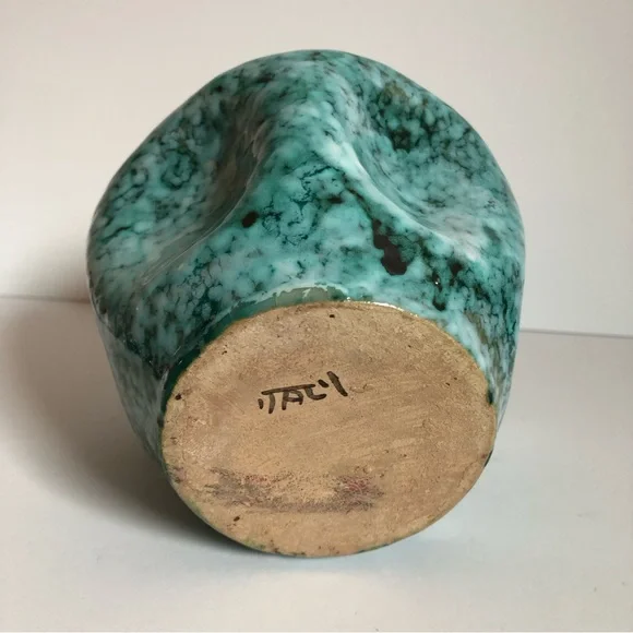 Vintage MCM Made in Italy pottery vase marbled aqua pinched organic midcentury - Picture 7 of 12